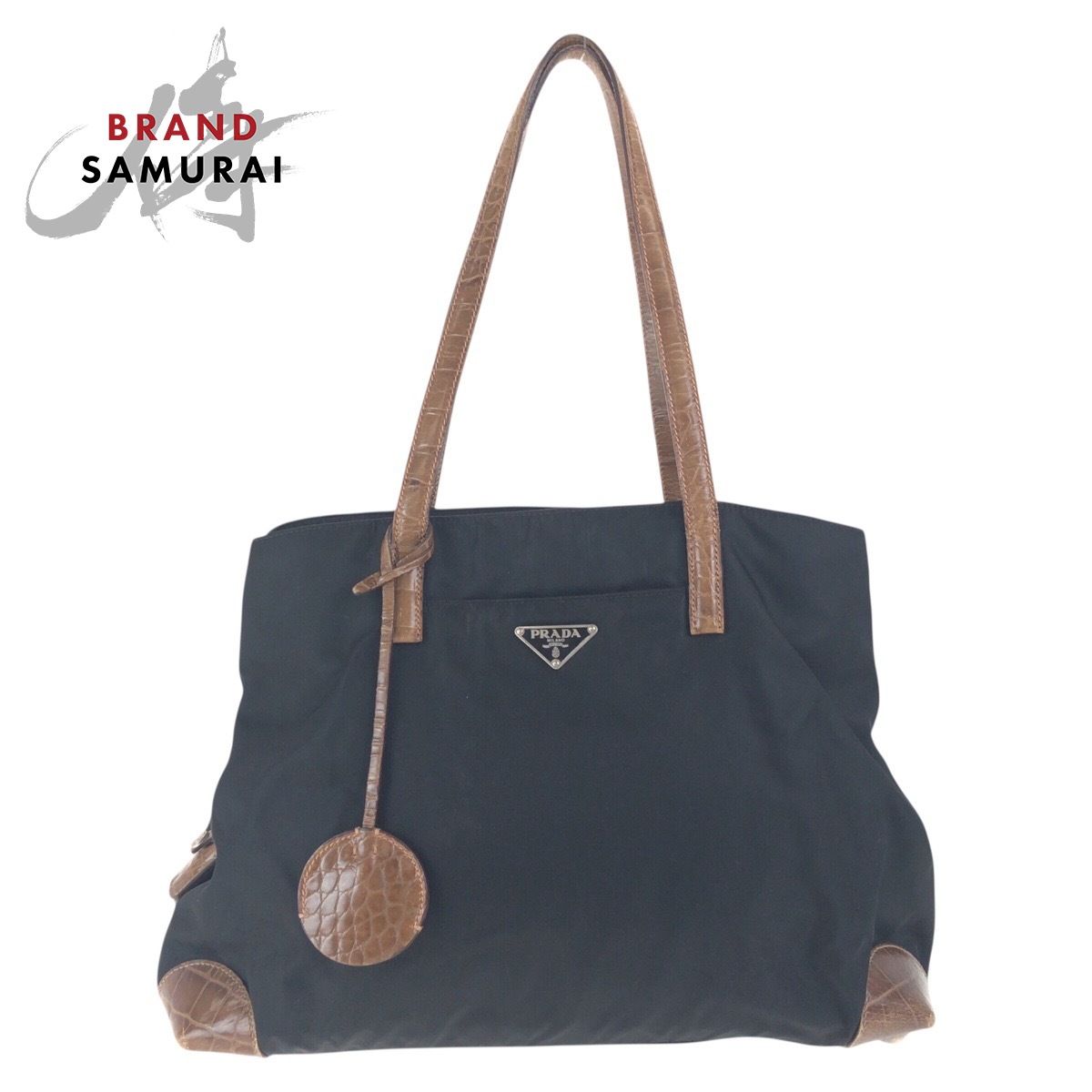 PRADA プラダ テスート 三角ロゴプレート 型押し ブラック ブラウン シルバー金具 ナイロン|レザー ショルダーバッグ トートバッグ 502636