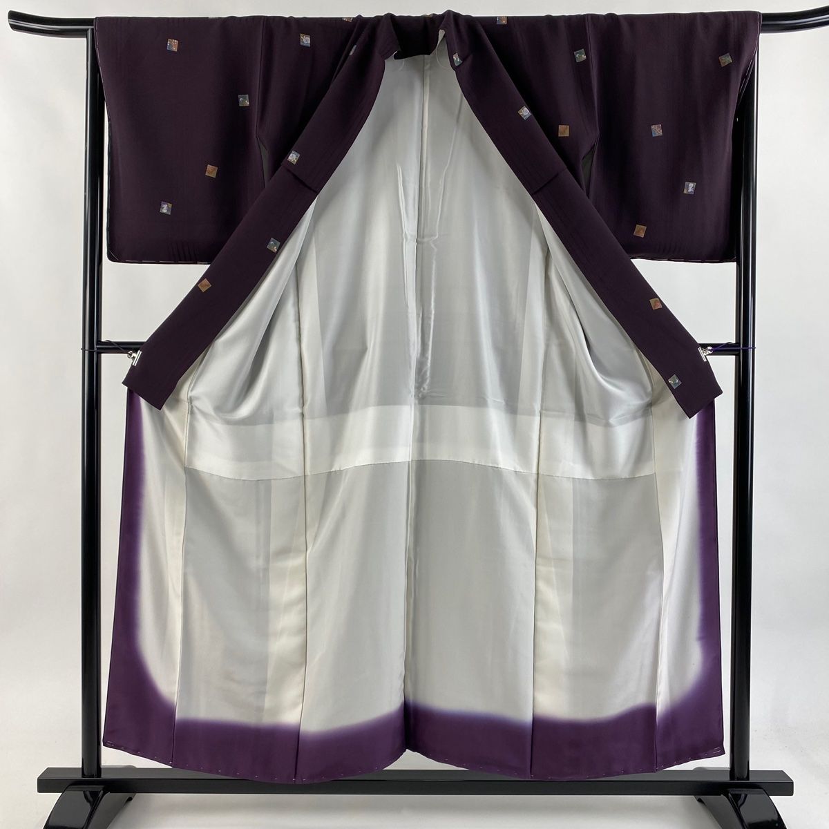 小紋 身丈156cm 裄丈65cm M 袷 うさぎ 桜 濃紫 正絹 秀品 【中古