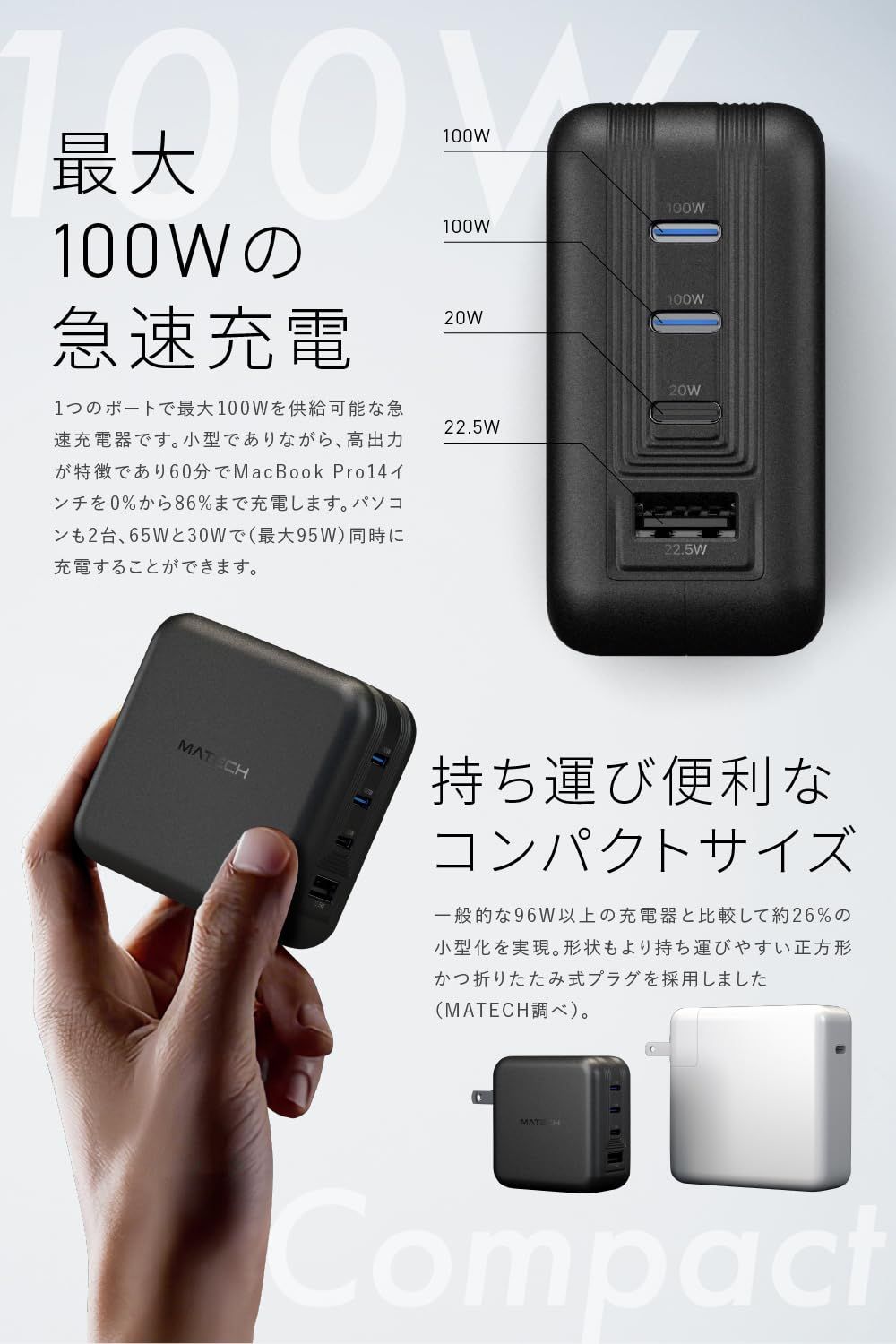 商品 MATECH マテック R 充電器 100W Type-C 急速 USB PD GaN III採用 タイプC A 折りたたみ式プラグ MacBook ノートパソコン iPhoneシリーズ対応 Sonicharge 100W Pro X ブラック CHRISTIANNAURATH_COM_BR