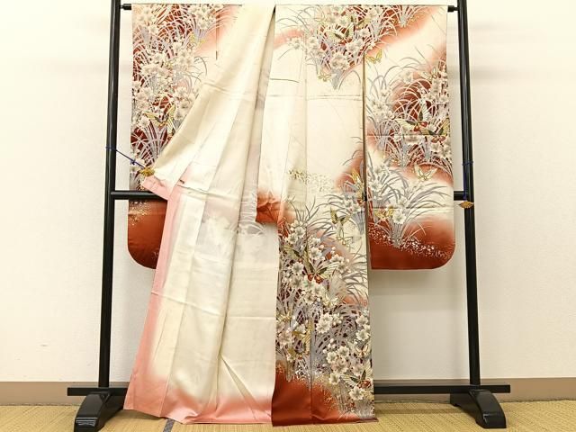 豪華振袖　駒刺繍　流水花文　暈し染め　金彩　逸品 絹 成人式 お見合 パーティー 平和屋着物□豪華振袖 駒刺繍 花蝶文 暈し染め 金銀彩 さが美