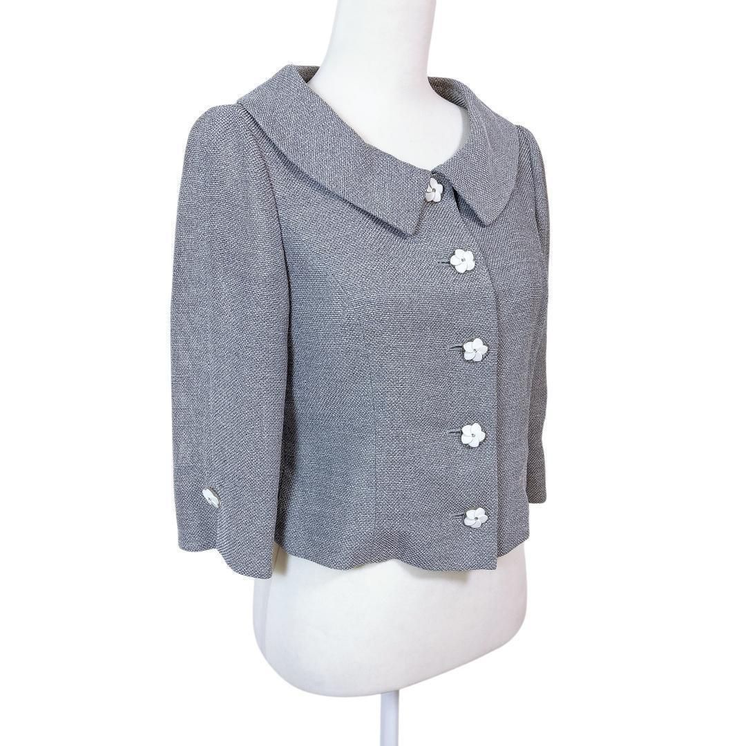 エムズグレイシー 麻混 リネン 春夏ジャケット 38 花柄ボタン グレー