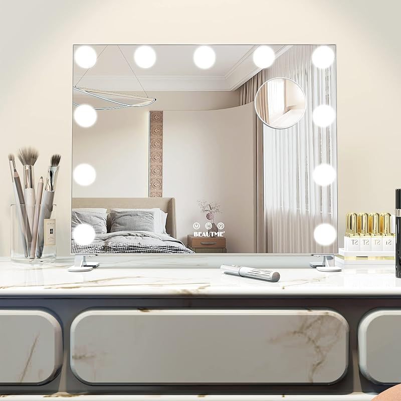 日常 BEAUTME 卓上ミラー 女優ミラー 化粧鏡 3色ライトモード 明るさ調整 LED電球11個付き ハリウッドミラー 台座付き 卓上|壁掛け両用 48.5*41cm 1