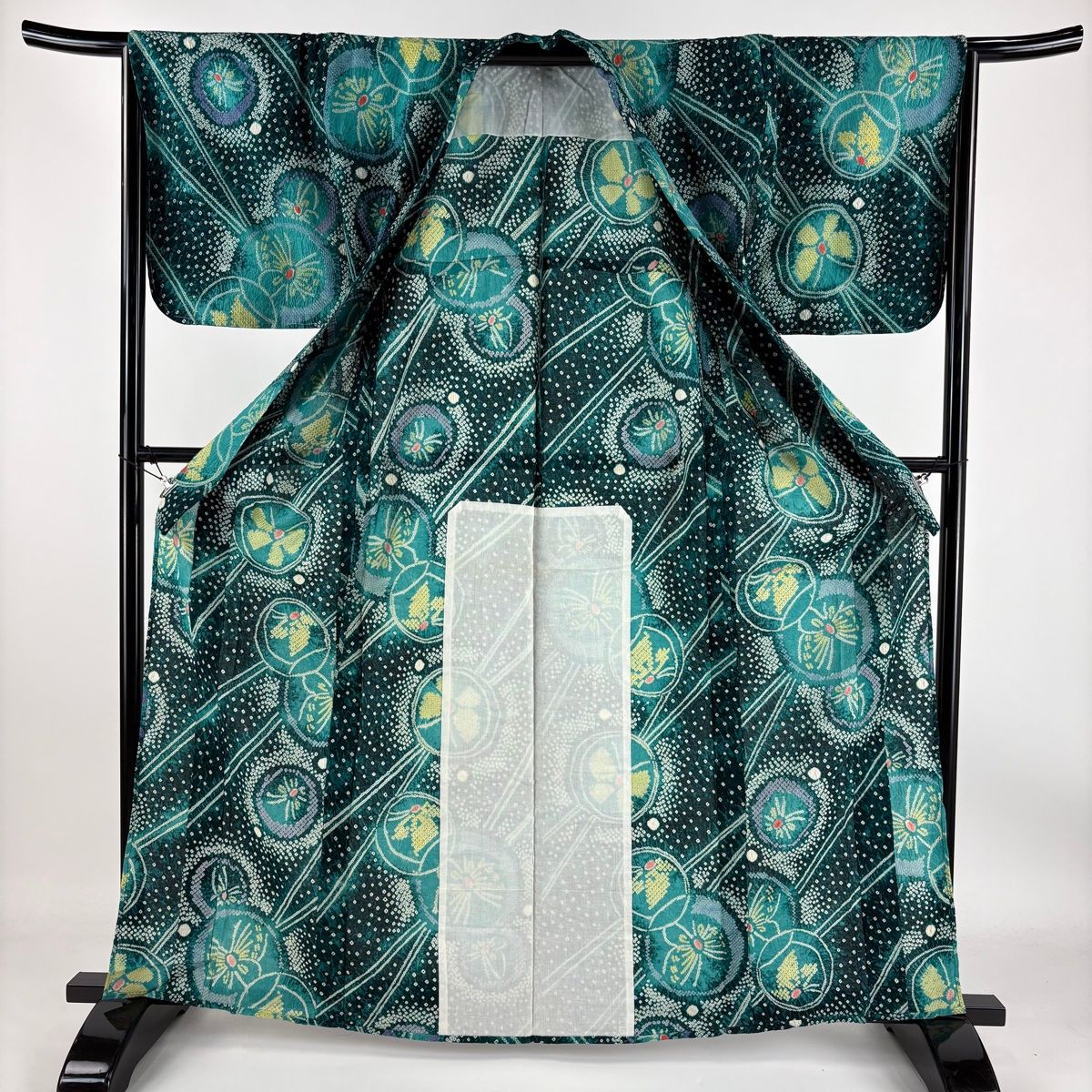 浴衣 身丈164cm 裄丈65.5cm M 絞り浴衣 蝶 幾何学 緑 綿 美品