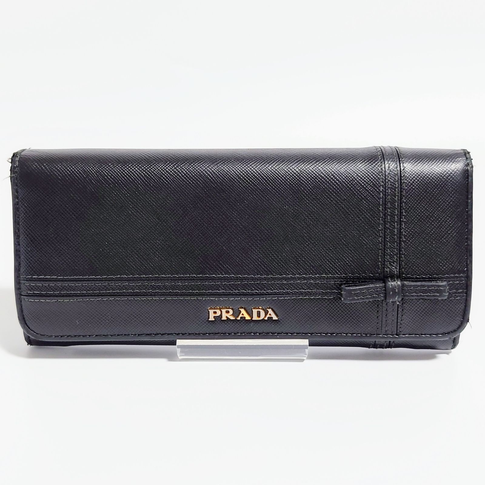 正規品 PRADA プラダ フラップ 長財布 ブラック 黒 レザー リボン