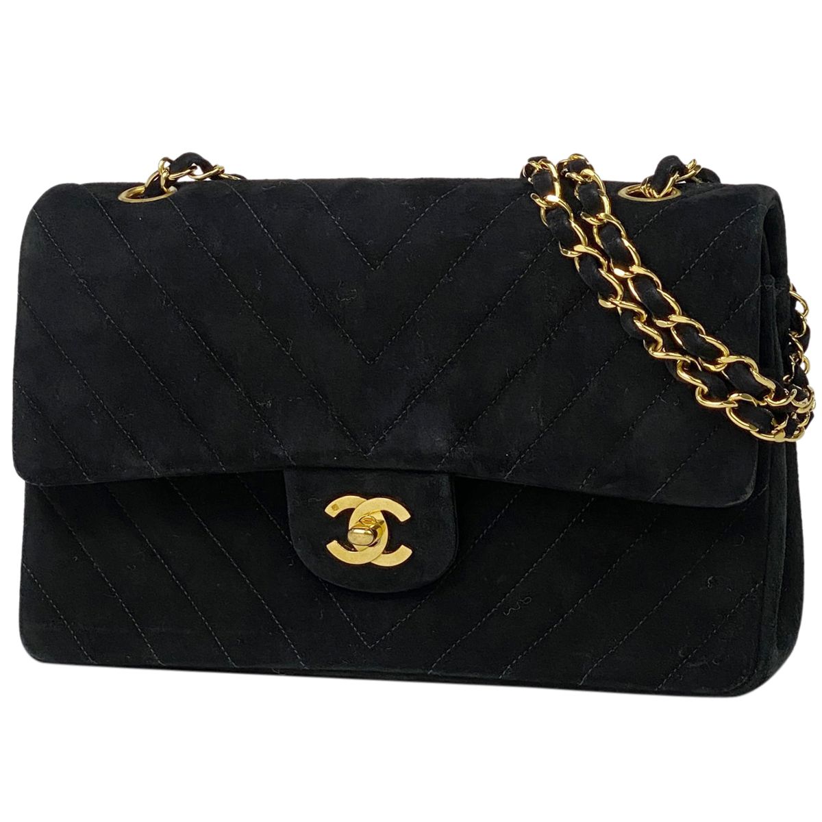 シャネル CHANEL Vステッチ チェーン ショルダーバッグ ココマーク Wフラップ シェブロン スエード ブラック レディース 【中古】