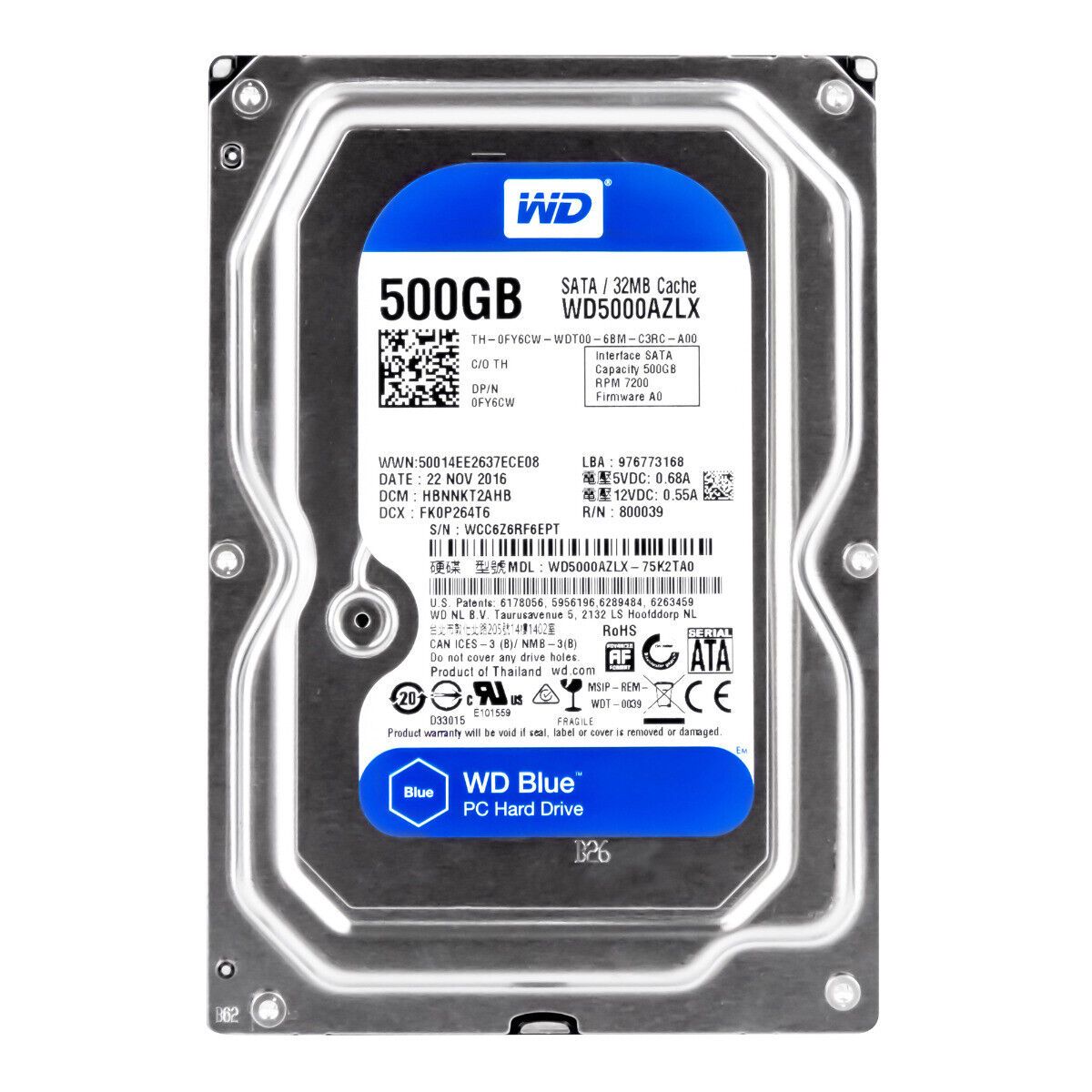 WESTERN DIGITAL BLUE 500GB 7200RPM 32MB CACHE SATA III 3.5 WD5000AZLX
