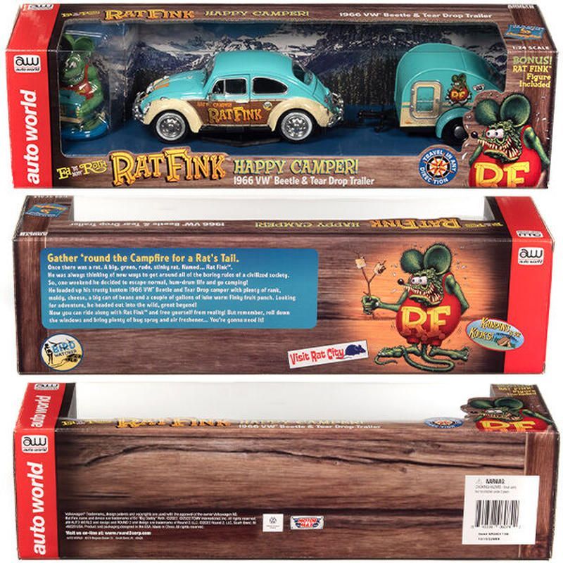 AUTO WORLD 1:24 RAT FINK 1966 VW Beetle w/Tear Drop Trailer