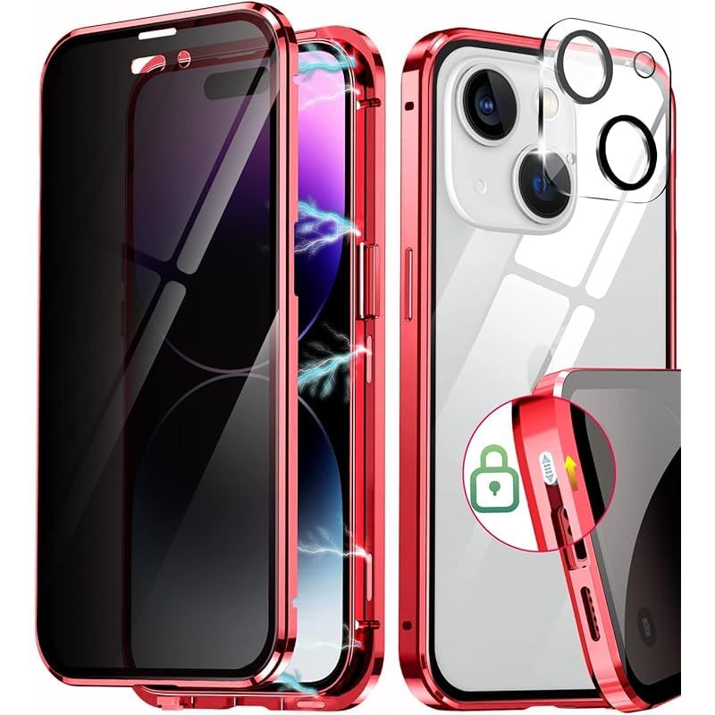Reukdnv iPhone 1４ Plus用 ケース「レンズ保護フィルムを贈」 覗き見防止 「ロック式」 覗き見防止+背面クリア 両面ガラス 磁気 ケース 指紋認証 タッチ可 マグネット式 プライバシー保護 あいふ