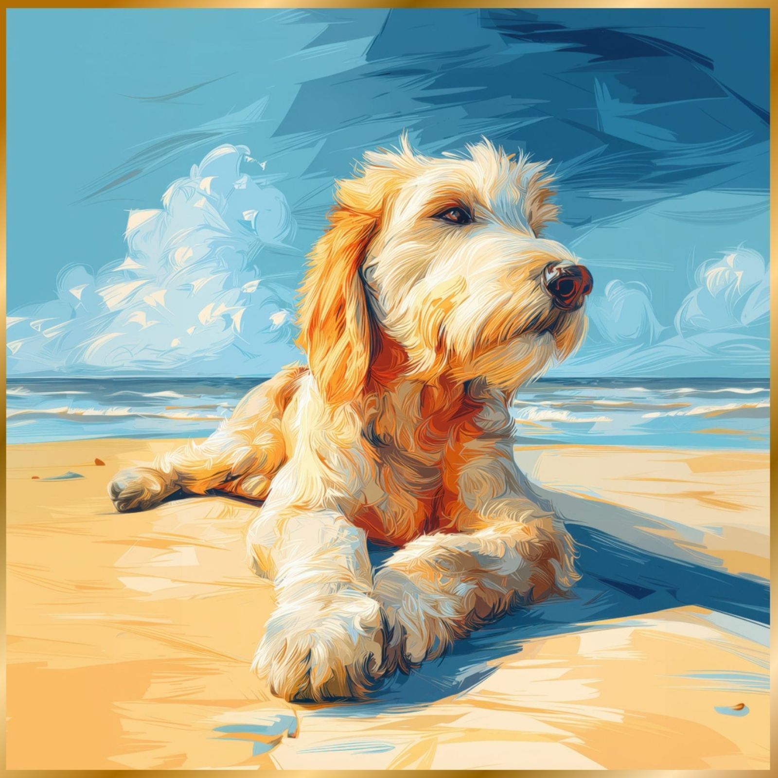 ゴールデンドゥードル犬とビーチのスケッチ No.3 海 犬の絵 犬のイラスト おしゃれ ミニマリスト ミニマリズム シンプル インテリアアート ペットロス うちの子 記念日 アートポスター ギフト プレゼント