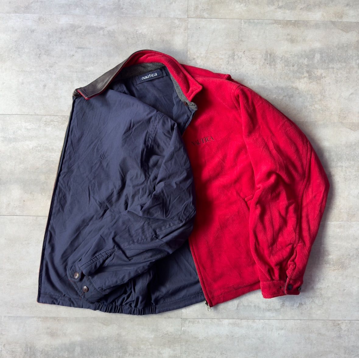 90s nautica リバーシブルジャケット　襟レザー　スウィングトップ　ナイロン×フリース　中綿　XL