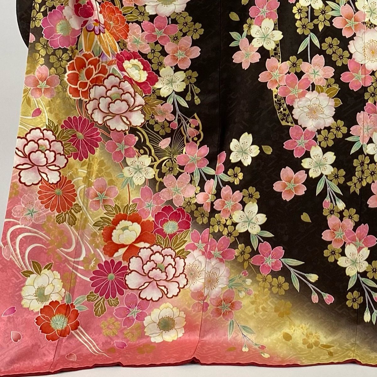 振袖 身丈176.5cm 裄丈72cm L 袷 蝶 草花 金彩 ぼかし 焦茶色 正絹  