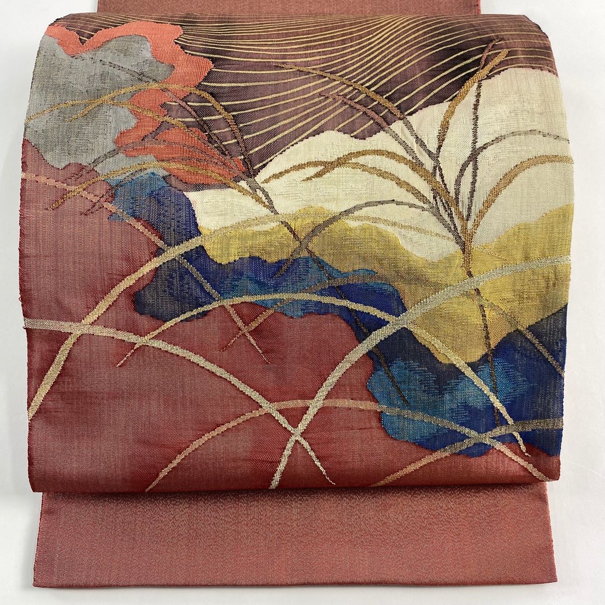 袋帯 秀品 すすき 波 金銀糸 金彩 朱色 お太鼓柄 正絹