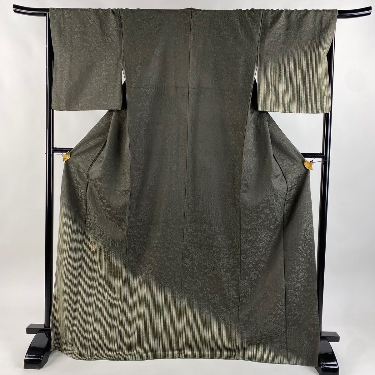 訪問着 身丈173cm 裄丈67cm M 袷 縞 草花 金糸 ぼかし 茶緑色 正絹