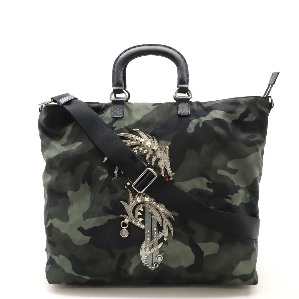 PRADA プラダ トートバッグ ラージトート 2WAY ショルダーバッグ ドラゴン 龍 カモフラージュ 迷彩柄 ナイロン FUMO グリーン系マルチカラー VA889
