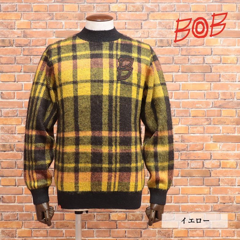 【新品】BOB　モックネックニット　ジャガード編み　メンズ　チェック　ハイランク 新品】BOB モックネックニット ジャガード編み メンズ チェック