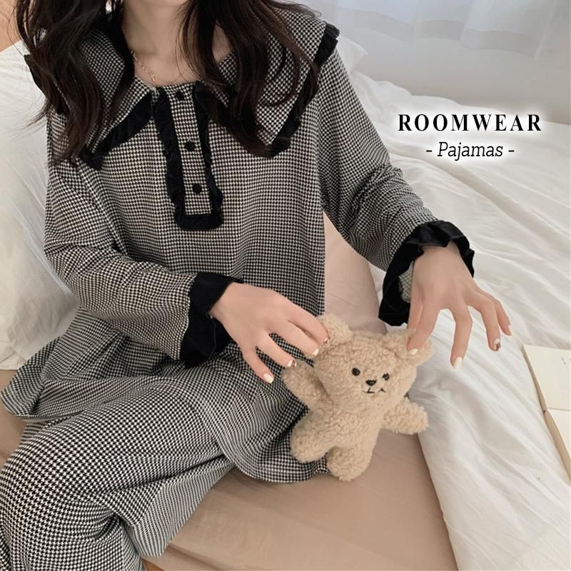 ルームウェア レディース 春 秋 おしゃれ かわいい 黒 長袖 トップス パンツ 上下 セットアップ ゆったり