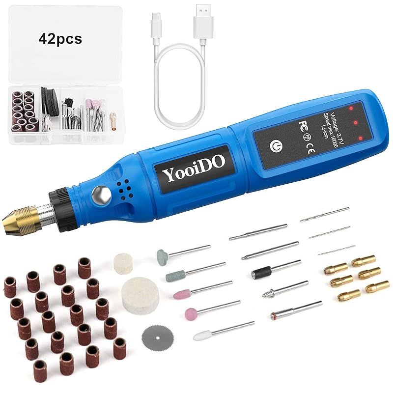 ミニルーター リューター コンパクトルーター 3段変速 42PCSセットYooiDO ルーター工具16000RPM高速回転 TYPE-C充電式 コードレス 研磨/彫刻/切削/穴あけ/汚れ落とし/錆落とし/切断/つや出し/ネイル