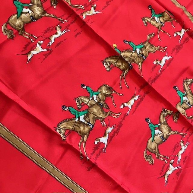 セリーヌ CELINE Horse＆Rider モチーフ 赤Xネイビー シルク