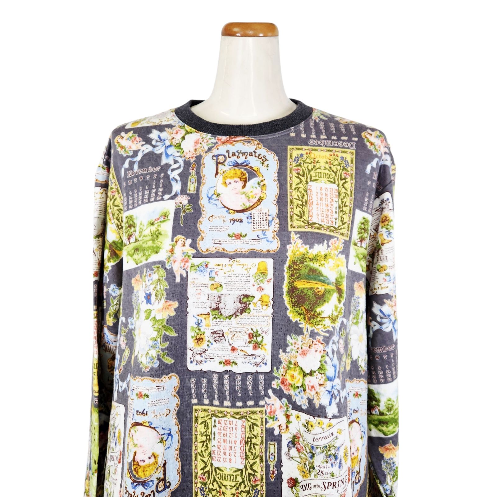 鴨居羊子パジャマ ♥ TUNIC 秋冬物 長袖 丸首トレーナーパジャマ キャットキルト カレンダー グレー色 43401 日本製