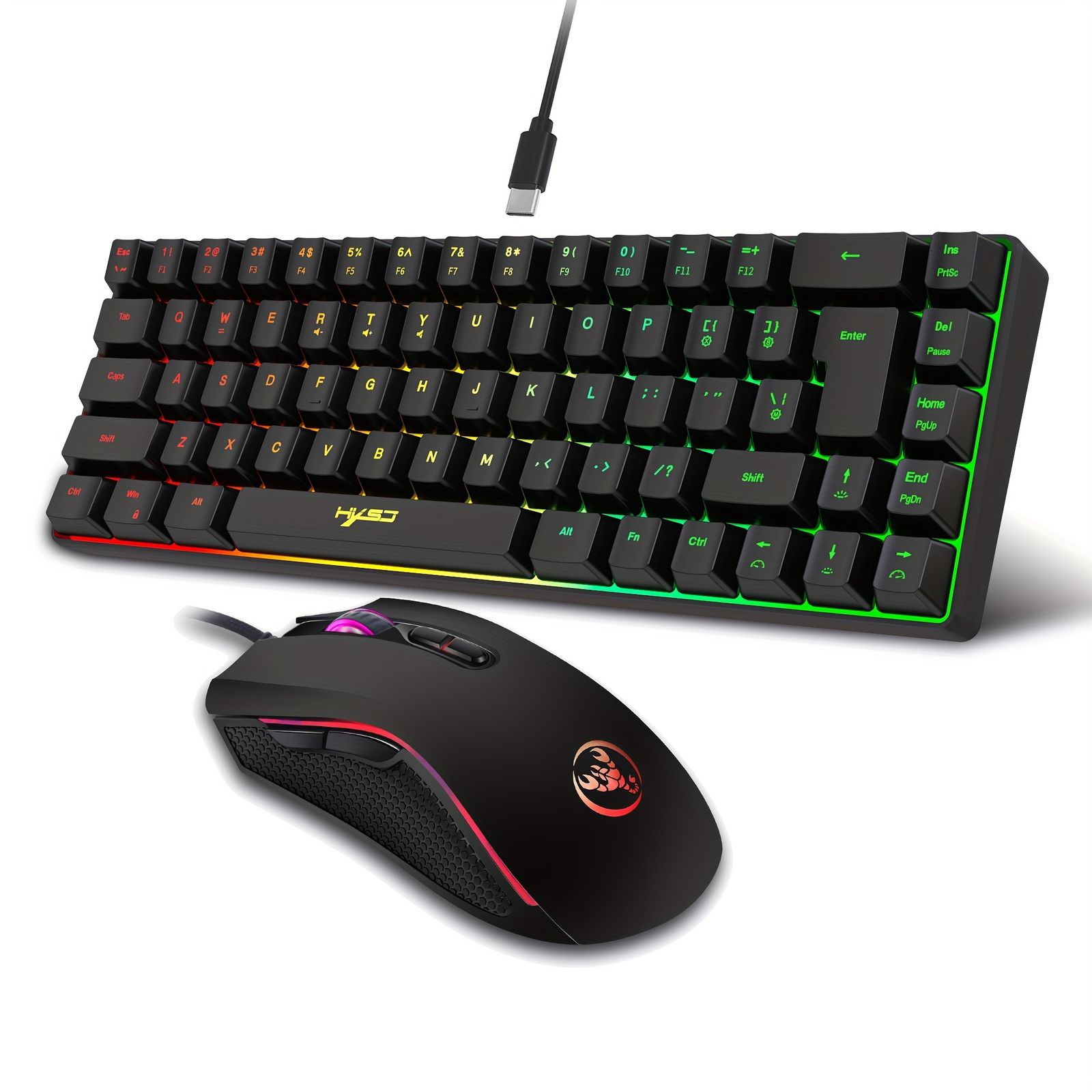 新着商品 HXSJ RGBバックライト付きゲーミングキーボード＆マウスコンボコンパクト68キーワイヤードesign調整可能DPI（1200-3200）PCラップトップPS4XboxMac用エルゴノミックABS構造 - ブラックグリーン＆レッド