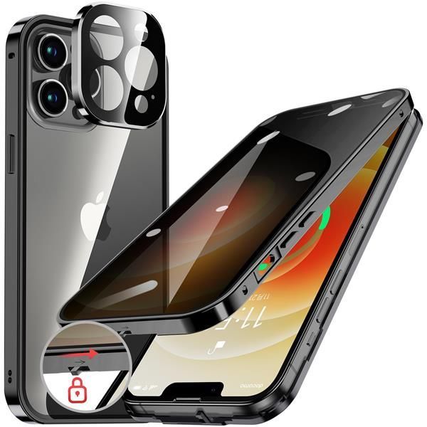 iPhone 12 Pro Max_ブラック HGUTREY【覗き見防止・自動ポップアップボタン】 iPhone12 Pro Max 用 ケース ロック付き ストラップホール付き 一体型レンズ保護 両面9H強化ガラス iPhone12プロマックスケー