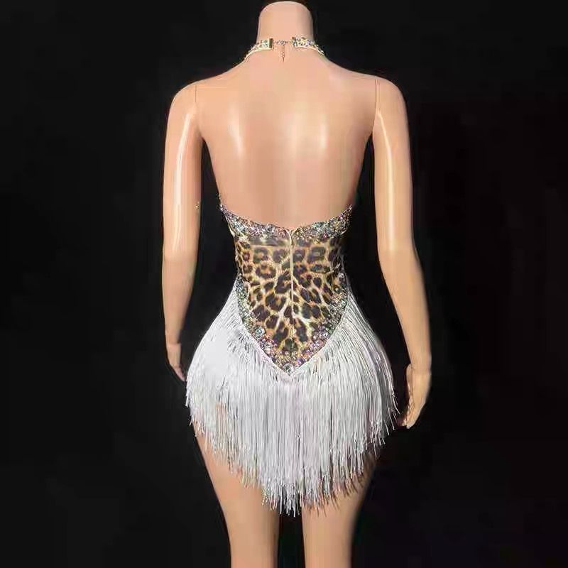 フリンジ＆チェーン ボディスーツ 歌手 ステージ衣装 パフォーマンスウェア シルバー レオパード柄