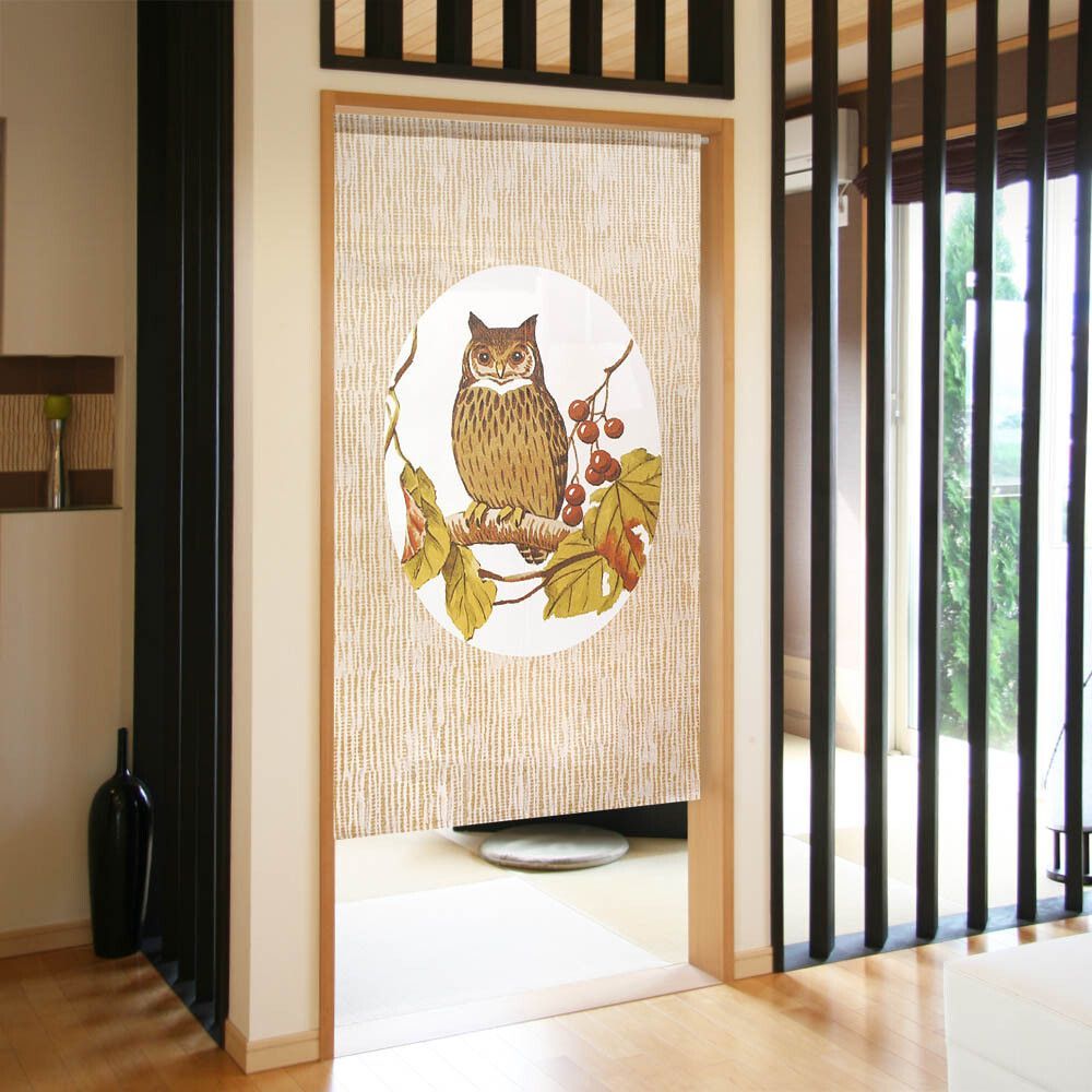 【SIMON BAKER】のれん「梟_窓」85X150cm【日本製】暖簾 家紋 和風 縁起物 フクロウ 目隠し【匿名配送 ネコポス 全国送料無料】