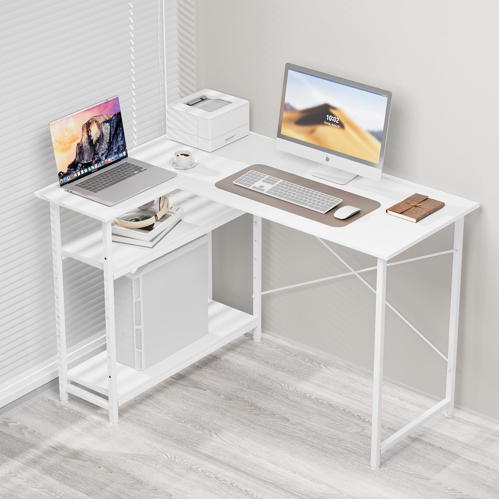 デスク 幅110×奥行48×高さ75cm 左右入替え l字型 コーナー パソコン ゲーミング 収納ラック付き 棚板高さ調節可 テレワーク L字デスク 在宅勤務 学習机 省スペース ワークスペース ラック付き MIYOKI 作業机 シンプル オフィ