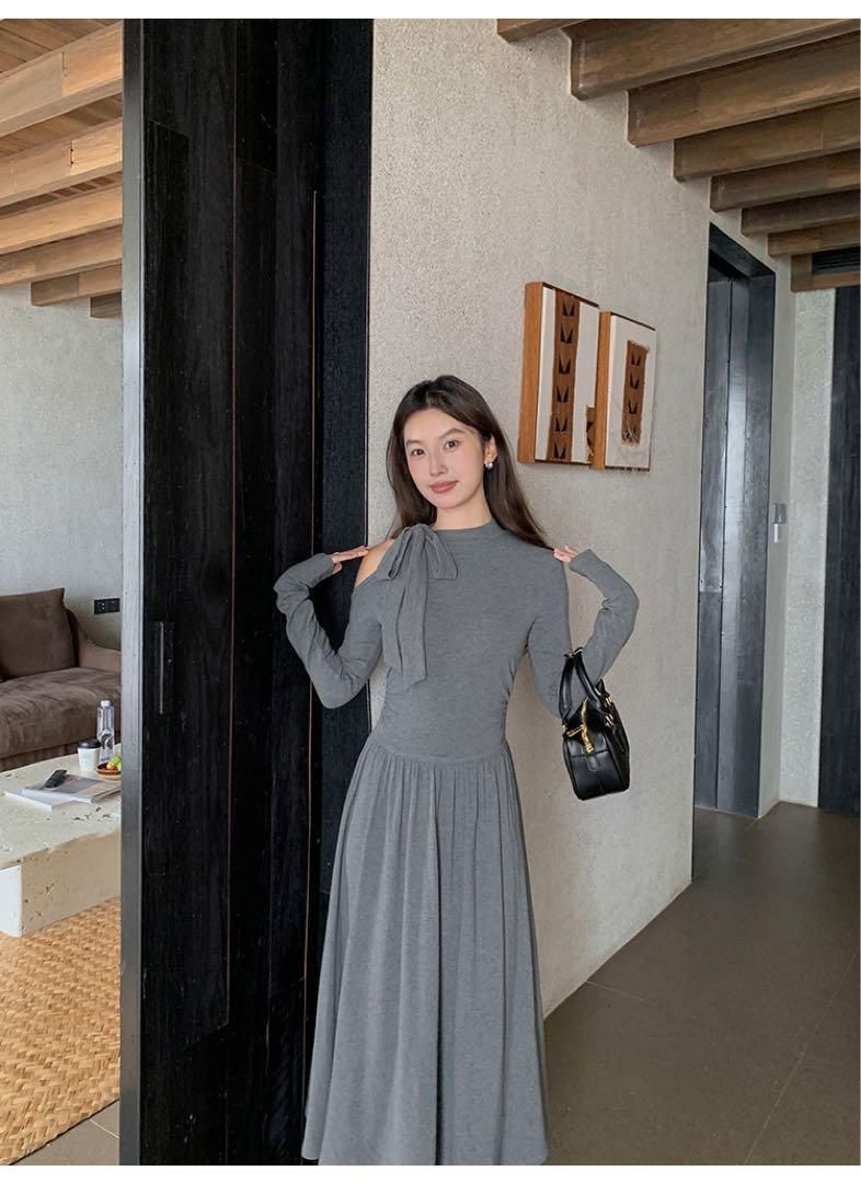 注目度抜群 春のワンショルダーロングニットドレス