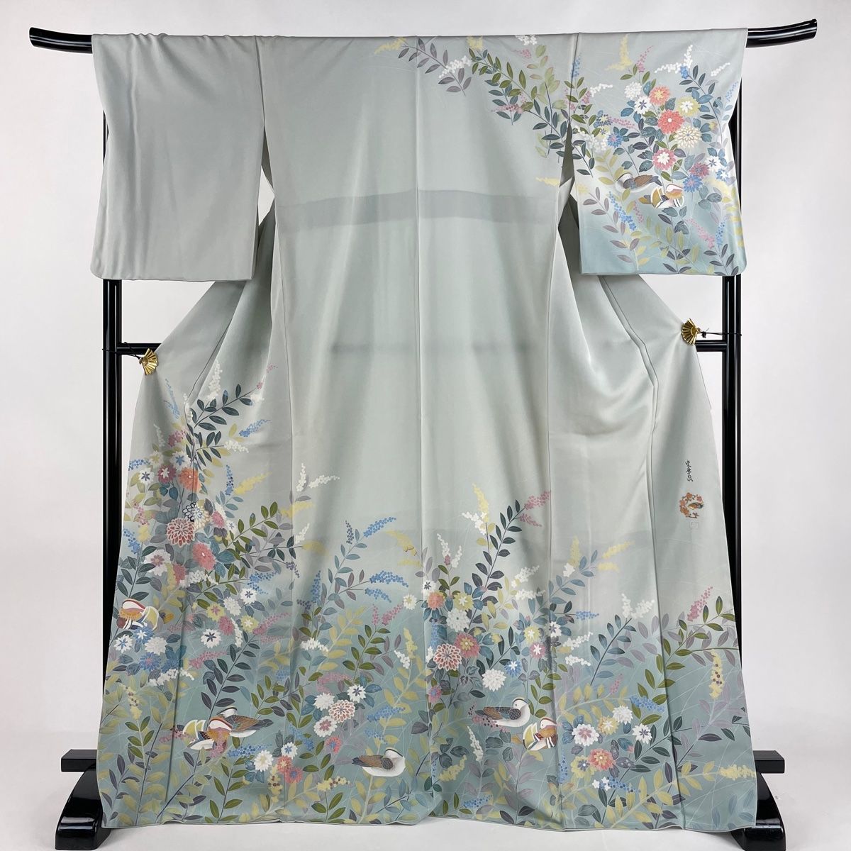 訪問着 身丈170.5cm 裄丈69cm L 袷 落款 草花 鴛鴦 ぼかし 灰緑 正絹 秀品
