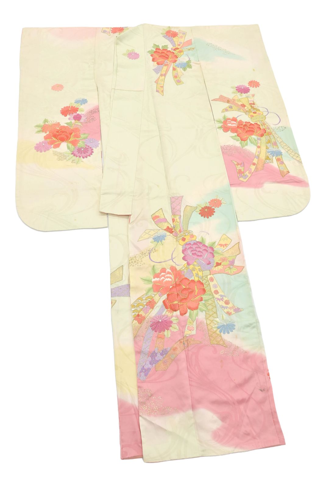 ★良品★ 1円 正絹 縮緬 アンティーク 刺繍 桐 熨斗 花丸 四季草花 高級 袷 着物 振袖 身丈158cm 裄65cm ◆逸品◆【夢職】