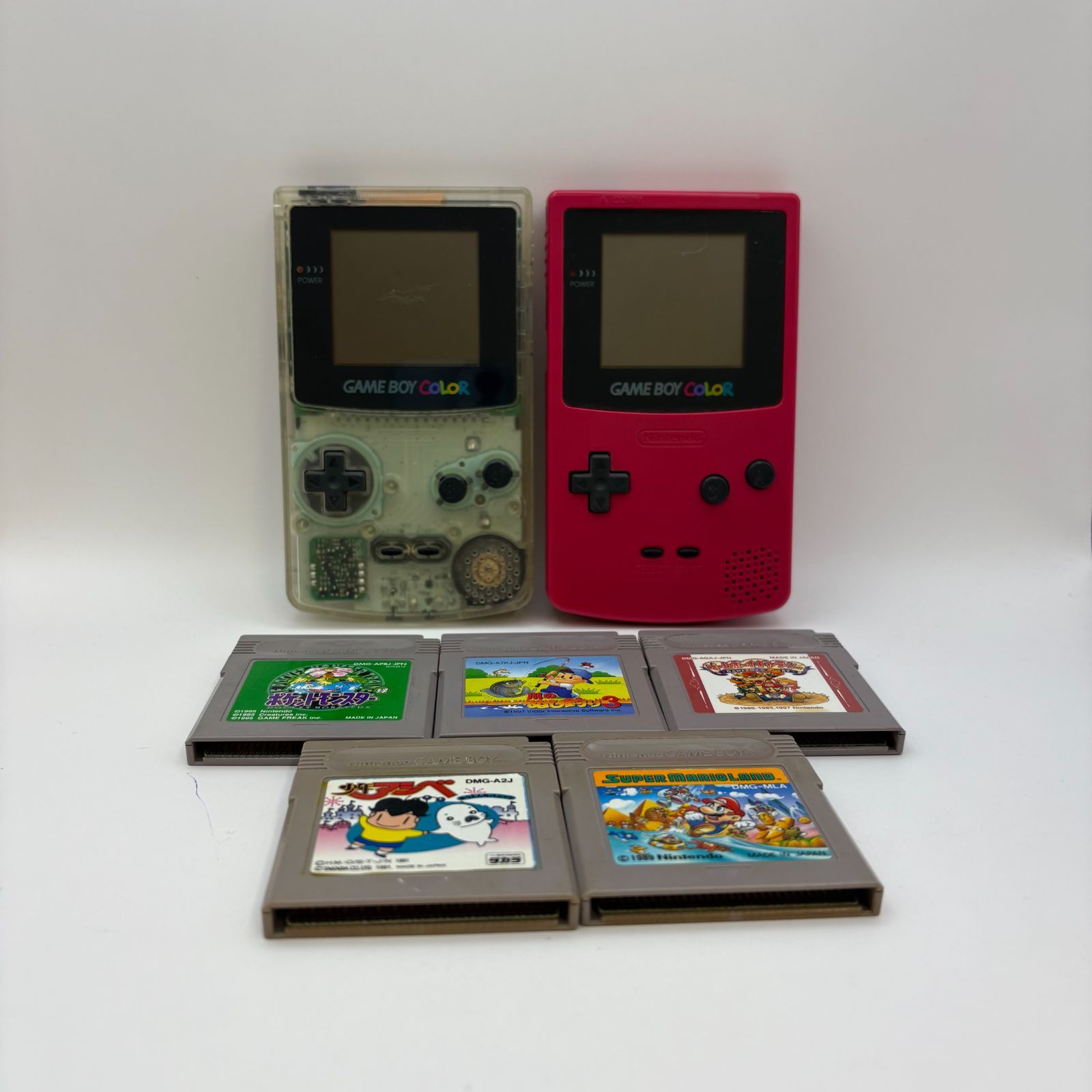 K3291 通電 済み ゲームボーイカラー 本体2台まとめ売り カセット ポケモン緑 ピンクカラー クリアカラー