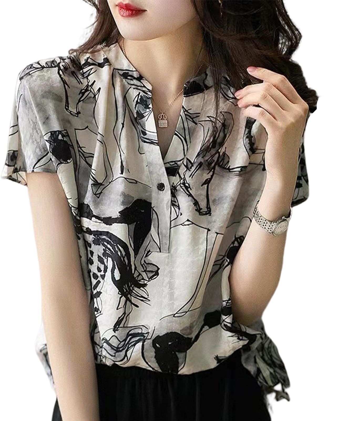 [ニーマンバイ] シフォンブラウス モノクロ プリント vネック 半袖 トップス レディース 春夏 夏 夏服 夏用 シフォンシャツ かわいい 可愛い おしゃれ アート 総柄 シフォン オフィス フォー