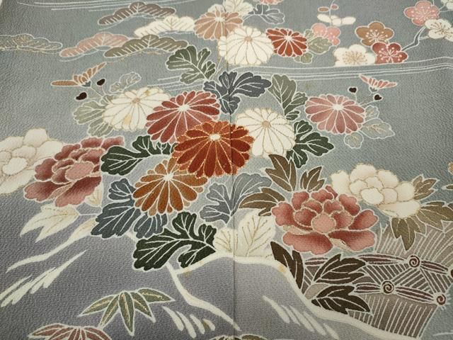 平和屋着物●訪問着　流水竹垣草花文　暈し染め　金彩　鬼しぼ縮緬　正絹　逸品　CAAY5153ut 平和屋着物○訪問着 流水竹垣草花文 暈し染め 金彩 鬼しぼ