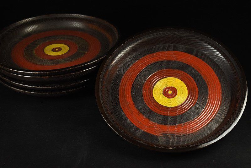 蔵A3595 時代 独楽盆 丸盆 会席盆 五客