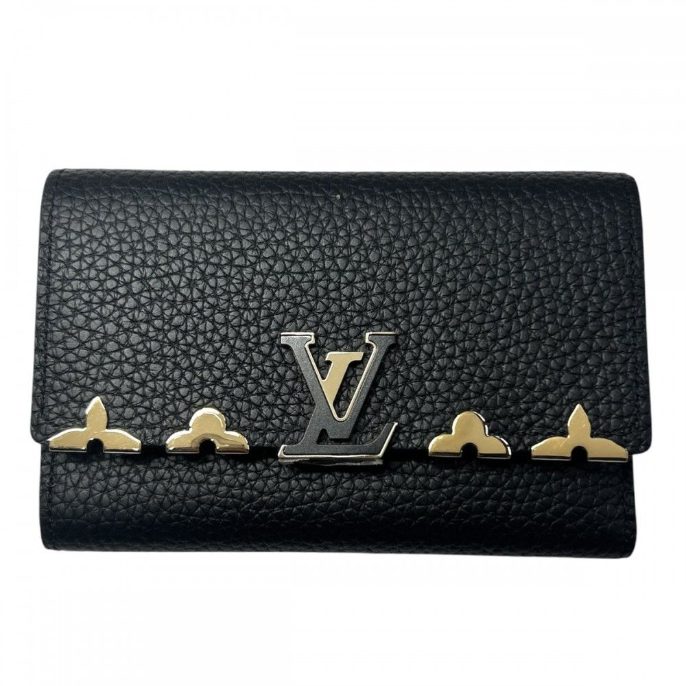 ルイヴィトン 二つ折り財布 レディース ポルトフォイユカプシーヌコンパクト フラップ ノワール レザー LOUIS VUITTON M82764 トリヨン ブラック 黒 ゴールド金具