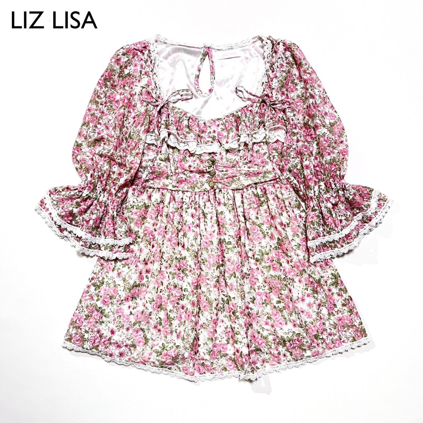 cE15 LIZ LISA 花柄チュニック丈ワンピース リボン レース フリル