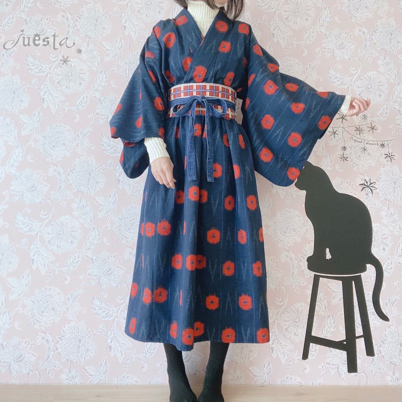 華やぐブルー 蝶々可愛い アクセントカラーワンピース 着物