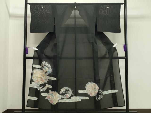 平和屋着物＊夏物 黒留袖 絽 駒刺繍 流水吉祥花丸文 銀彩 正絹