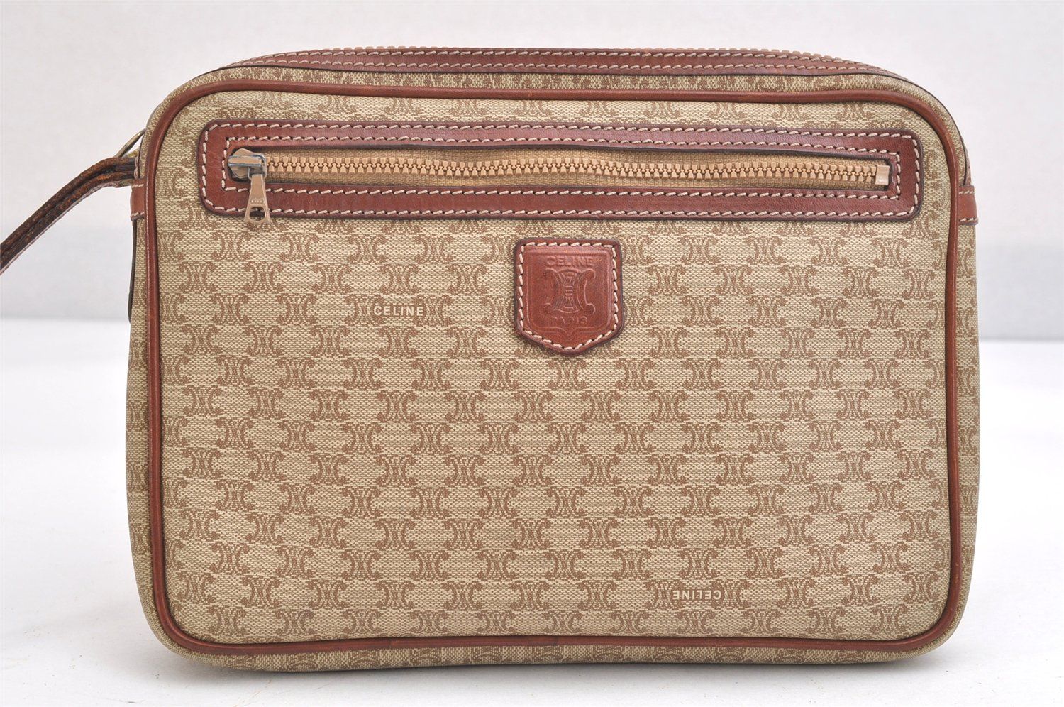 CELINE セリーヌ マカダム ブラゾン 模様 クラッチハンドバッグ ピーブイシー レザー ベージュ 2425N