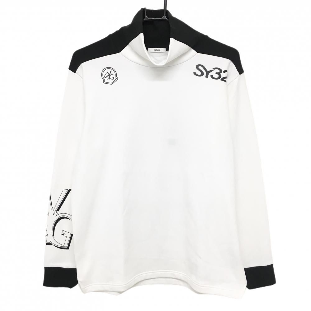 SY32 長袖ハイネックシャツ 白×黒 ネック一部フリース 裏起毛 メンズ M ゴルフウェア モデル SY32 BY SWEET YEARSSY32