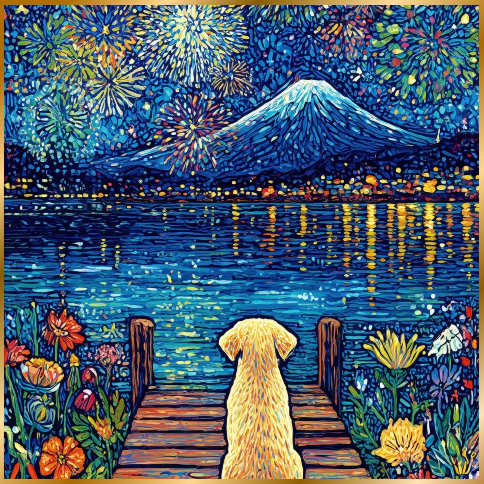 君と見た夏 - ゴールデンレトリバー犬 富士山 花火 幻想的 ファンタジー アート インテリア うちの子記念日 ペットロス アートポスター 犬の絵 犬のイラスト