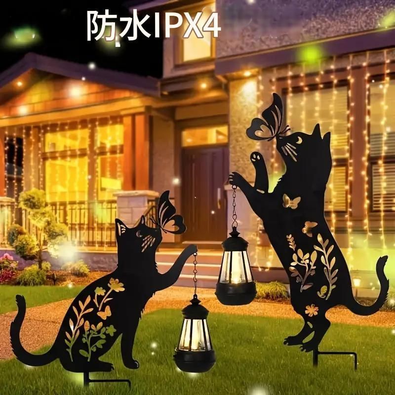 ZEKAHAN ソーラーキャットガーデンステークス 月猫型屋外装飾ライト 防水クラックルガラスメタルライト 通路 芝生 パティオ 中庭用 ホリデーギフ