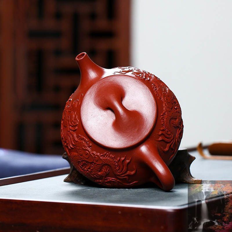 常滑焼 伊藤 昭陽作 幸山刀 朱泥彩色水引草 彫り 急須 茶器