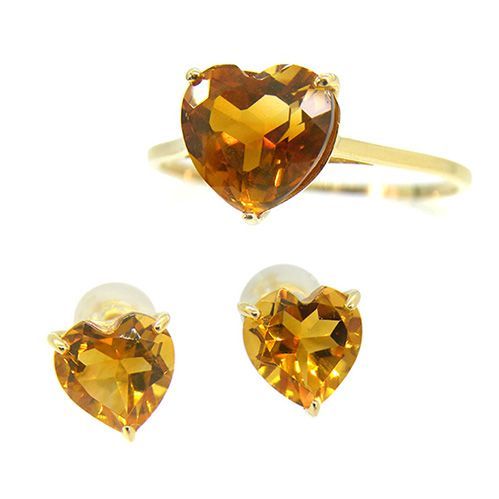 K18YG シトリン ハートリング ピアス 2点セット 13号 1.62ct 0.7ct/0.7 
