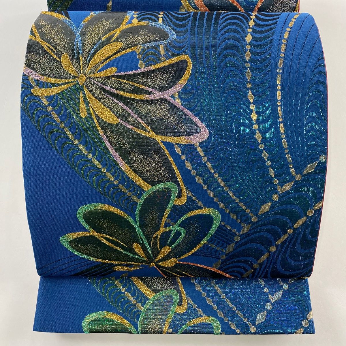 袋帯 美品 秀品 草花 細密織 藍色 六通 正絹 中古 袋帯 美