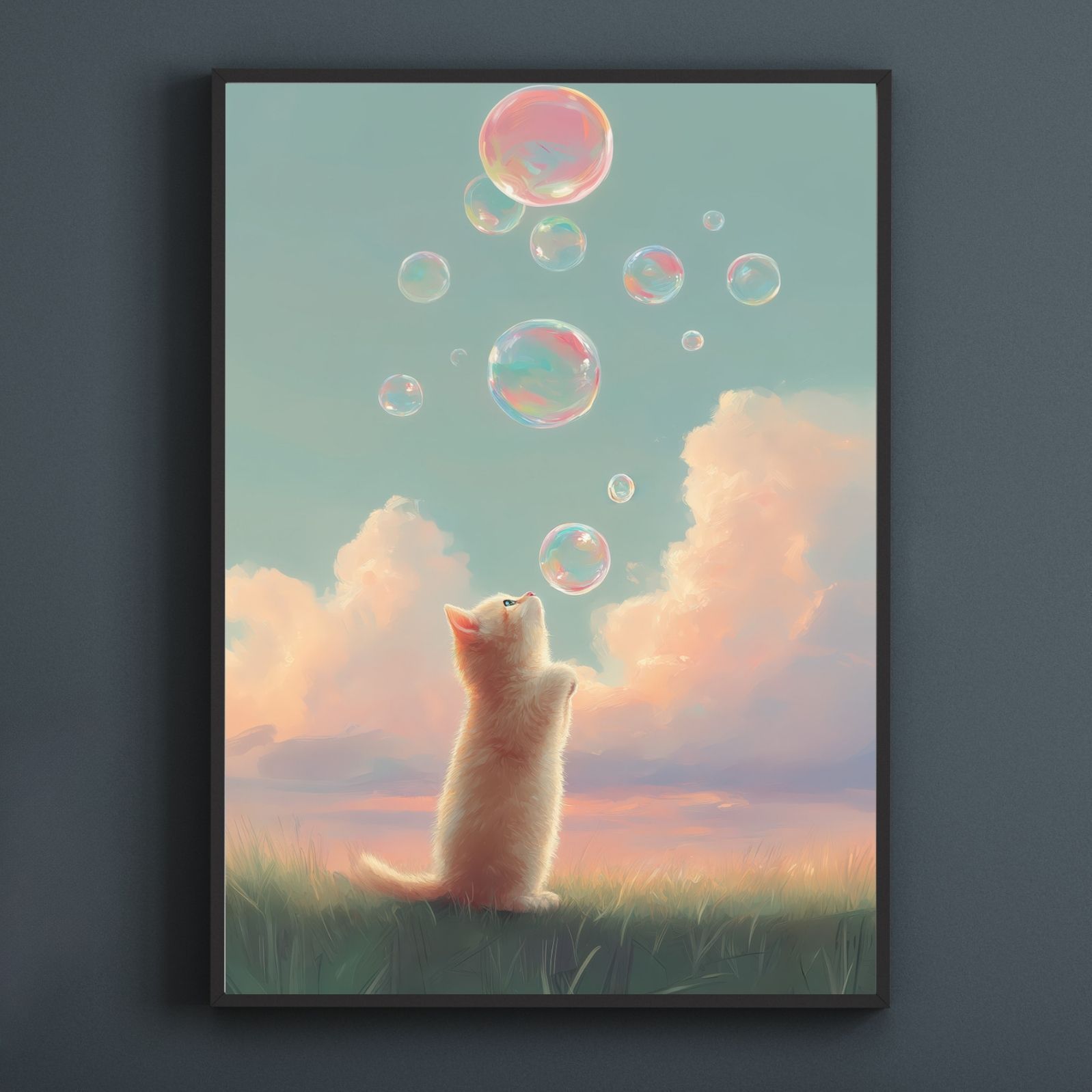 名入れOK 猫とシャボン玉 - マンチカン猫No.2 アートポスター ペットロス うちの子記念日 北欧 ナチュラル