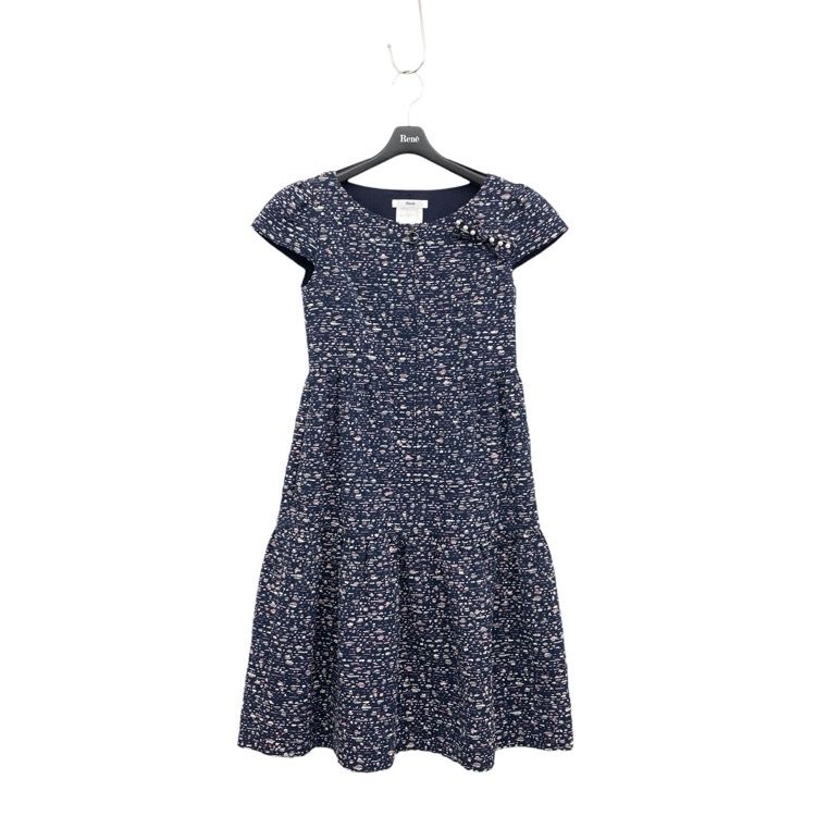 Rene ルネ リボンブローチ付 ジャガード ワンピース ネイビー 34