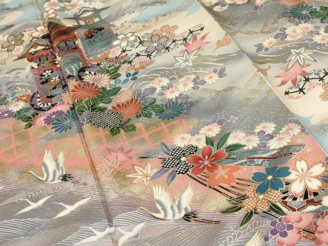 平和屋着物○豪華振袖 駒刺繍 流水舞花文 暈し染 銀通し