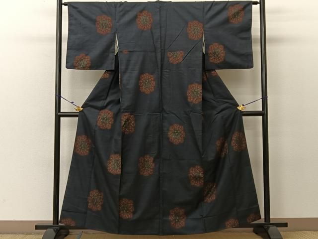 未使用 単衣 着物 紬 麻の葉 三越 正絹 美品 着物 単衣 米沢紬 正絹 未